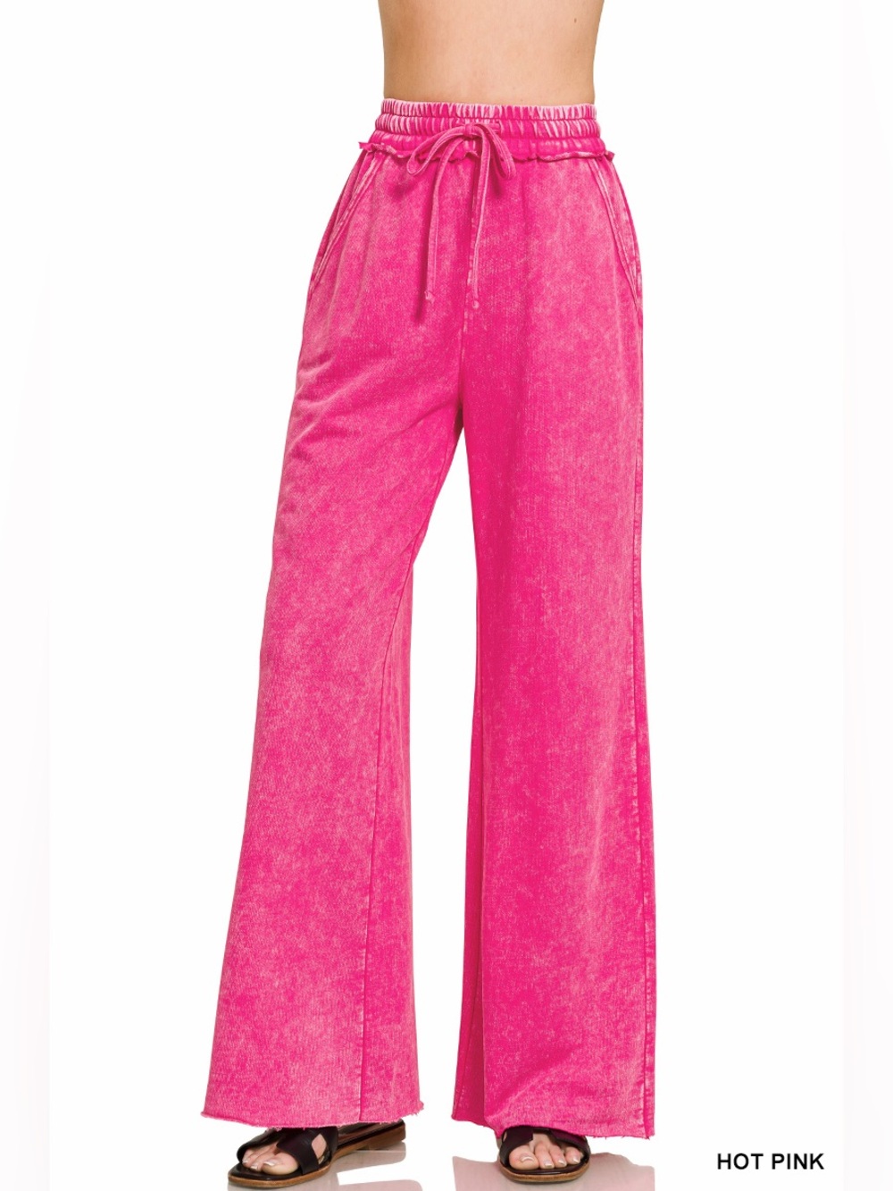 Zenana Hot Pink French Terry Wide-Leg Drawstring Washed Pants